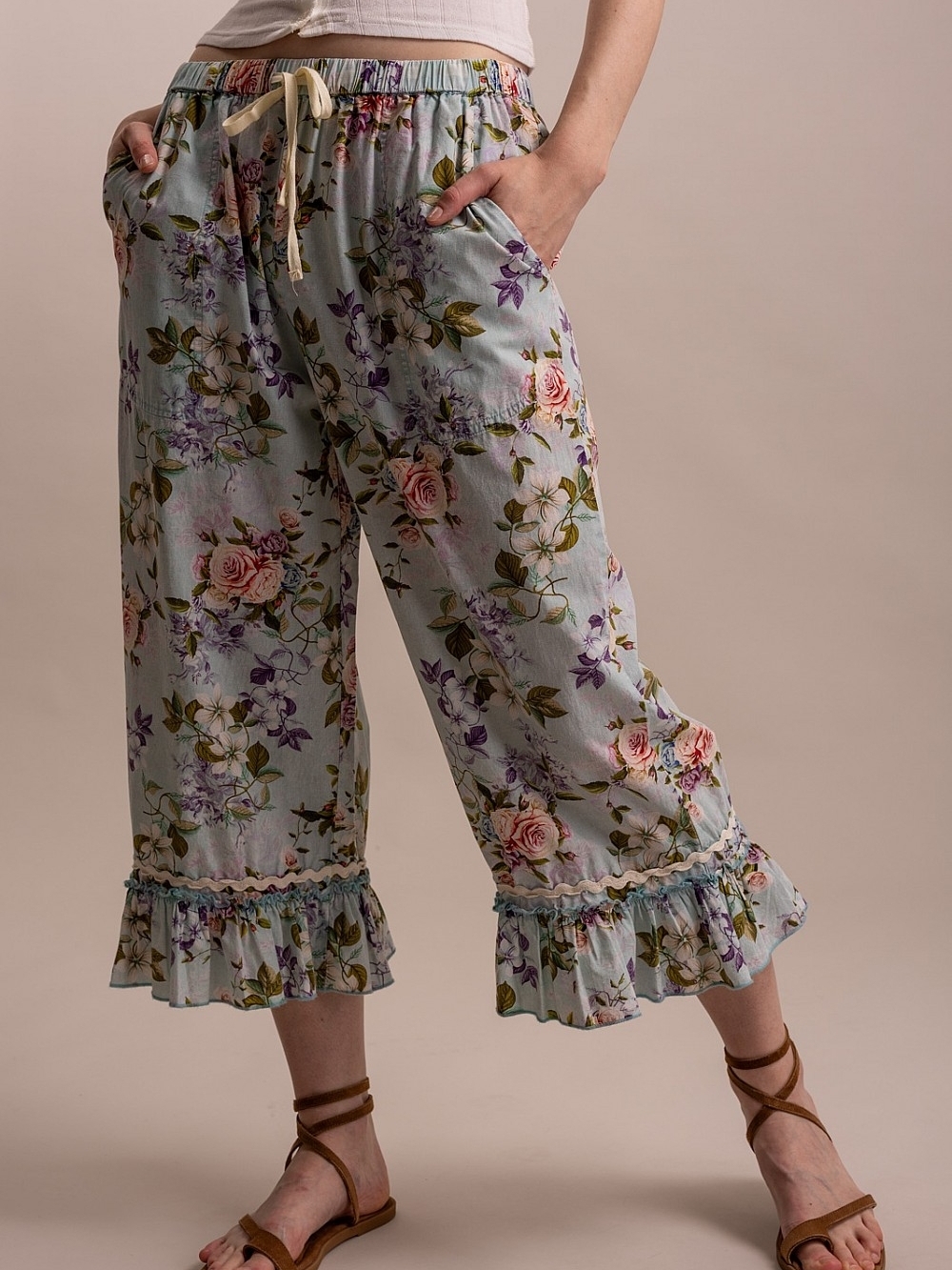 BLUEVELVET Floral Ruffle Hem Wide-Leg Crop Pants - Blue